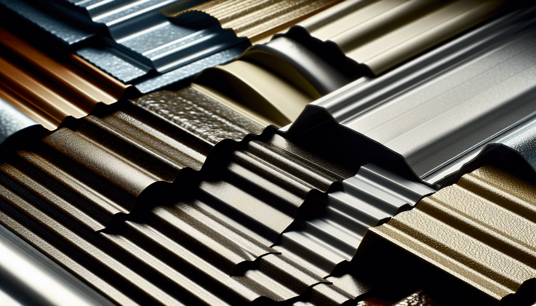 The image displays various profiles and finishes of standing seam metal roofing panels. 