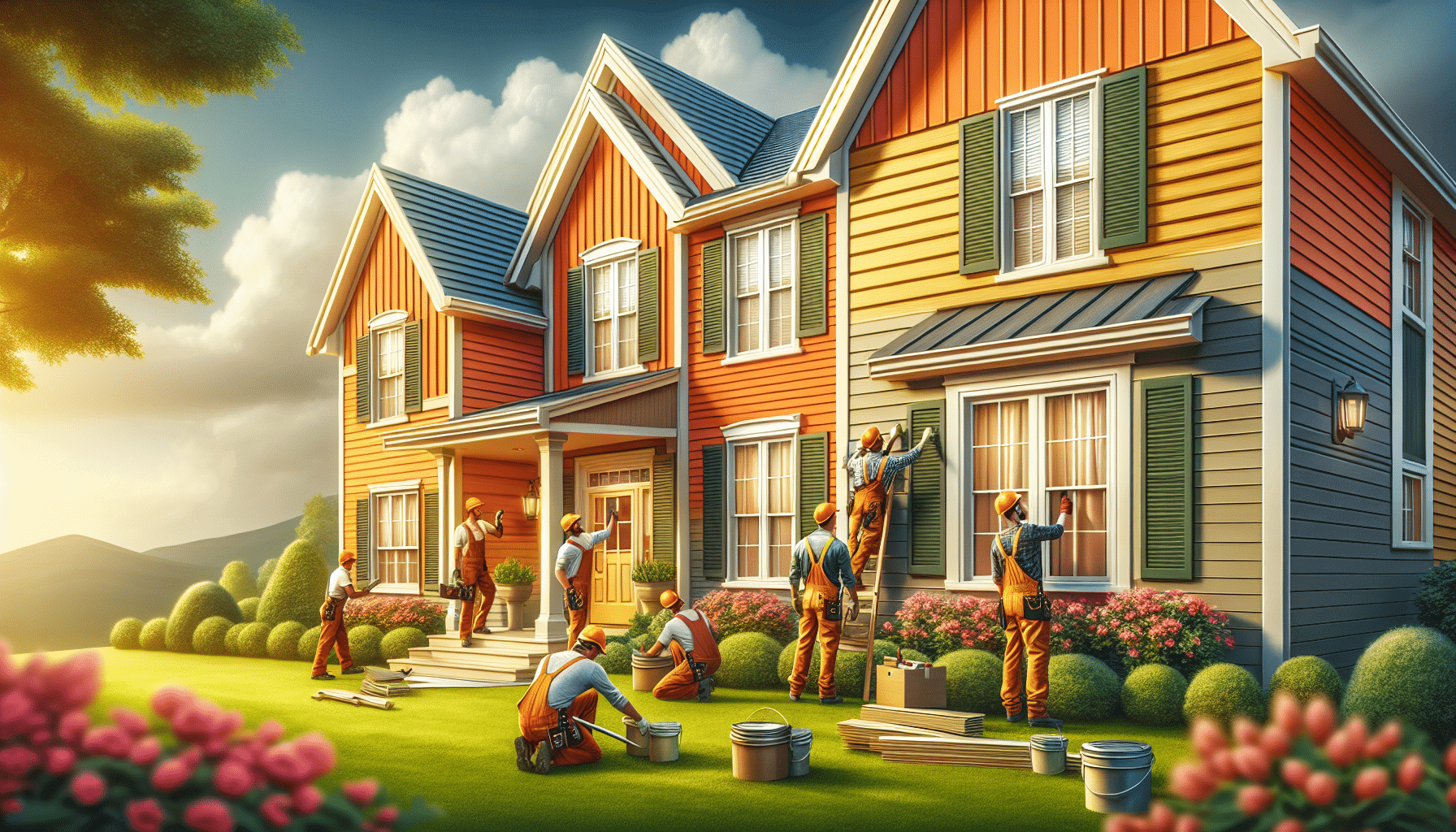 The image depicts workers engaged in exterior home repair and maintenance
