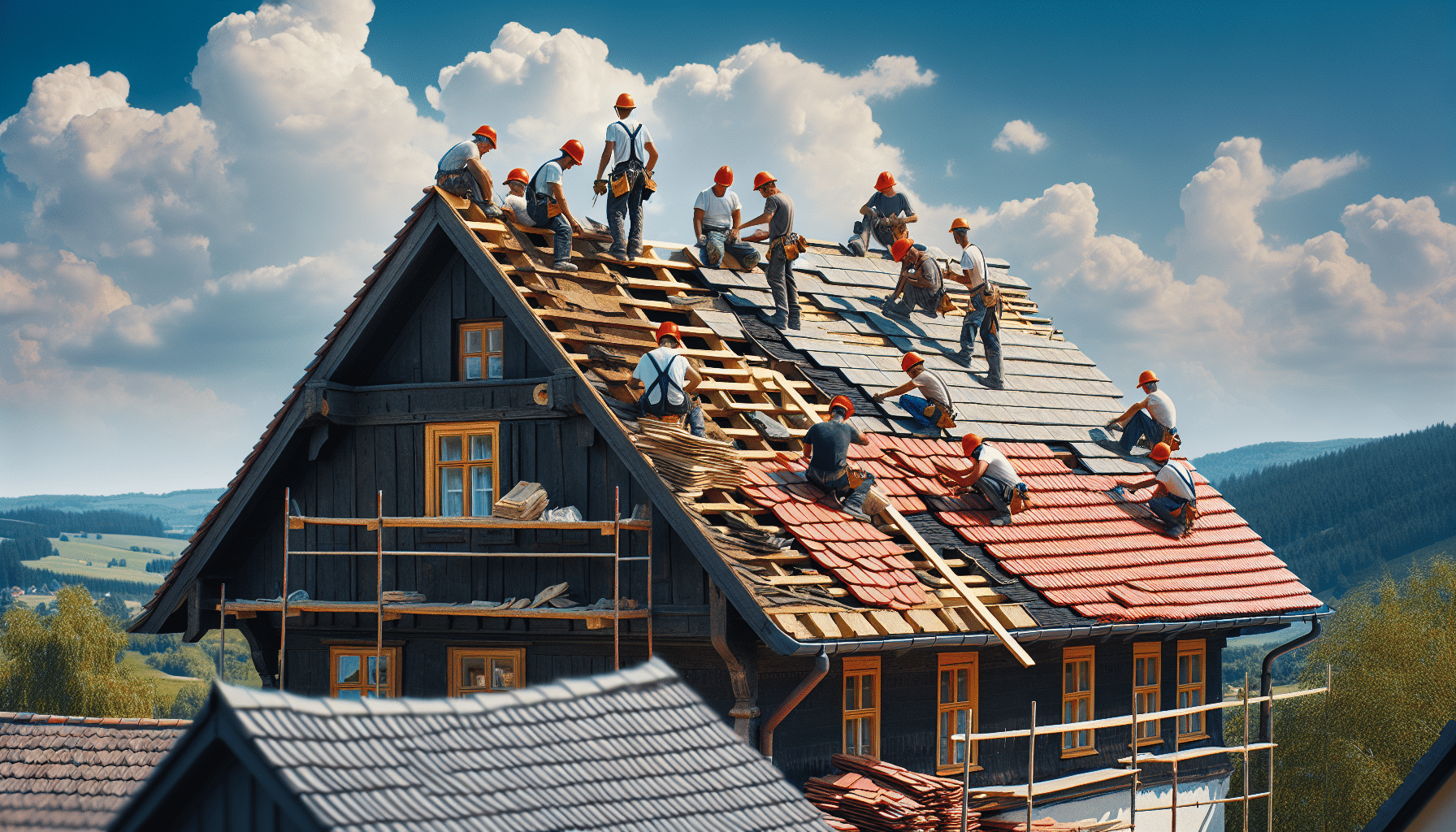 An illustration of a new roof being installed