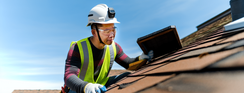 Roofing contractor inspecting a damaged roof