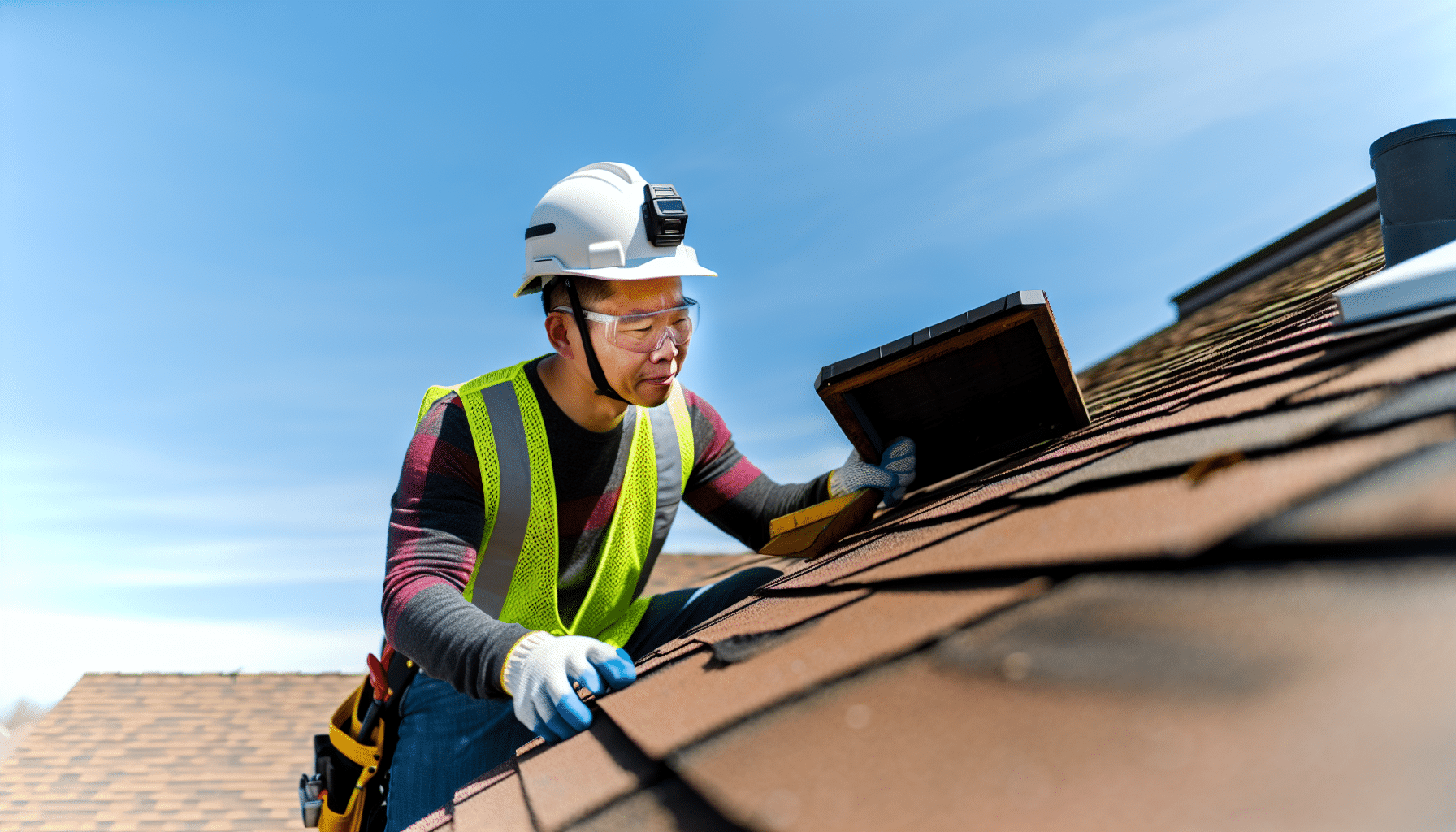 Roofing contractor inspecting a damaged roof
