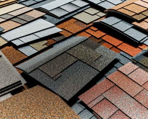 The image displays various types and colors of asphalt shingles, a popular roofing material.