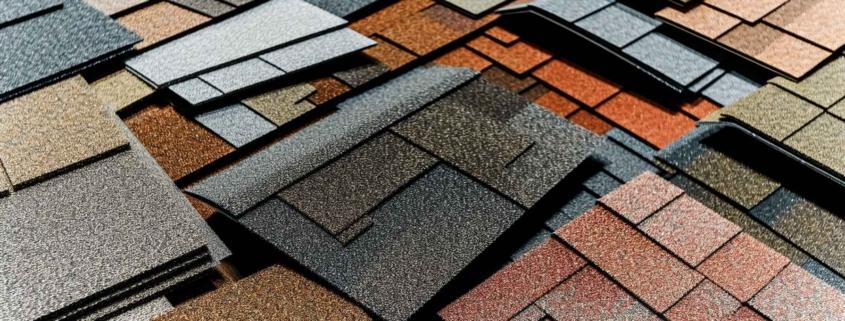 The image displays various types and colors of asphalt shingles, a popular roofing material.