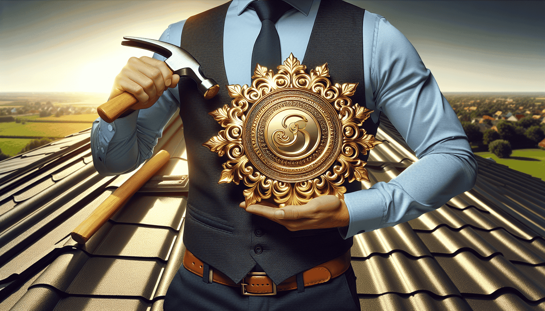 The image depicts a person, dressed in a shirt, vest, and tie, holding a hammer in one hand and a decorative, circular golden emblem in the other.