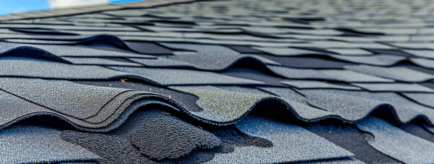 A photo of curled shingles on a roof