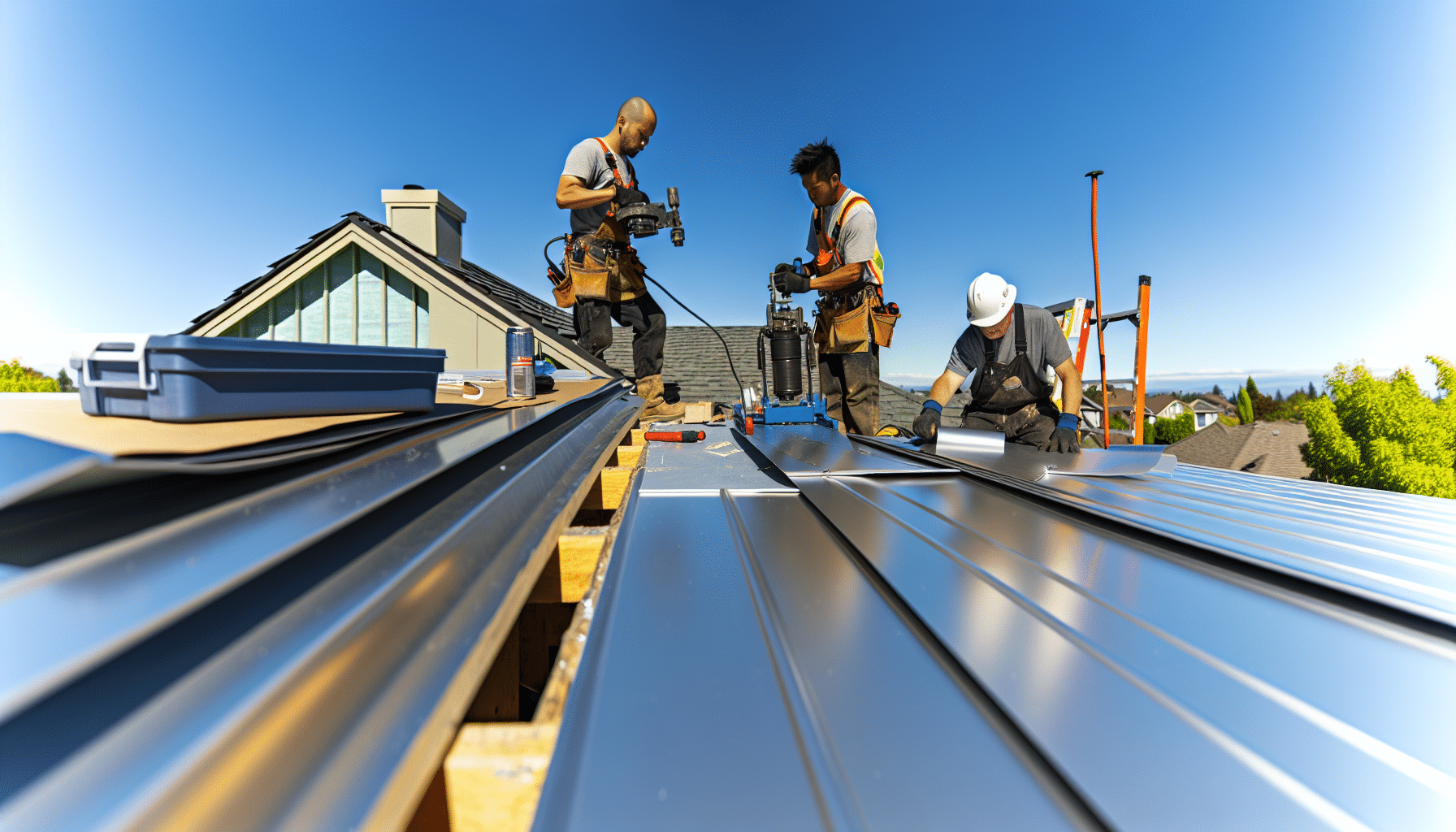 Professional contractors fabricating standing seam metal roof panels on-site