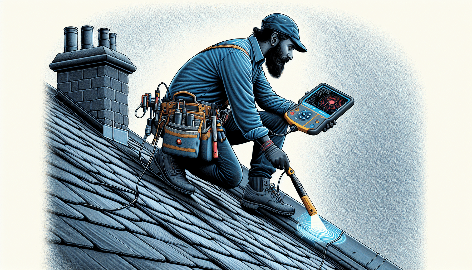Illustration of a roofer using specialized equipment to detect and repair roof leaks