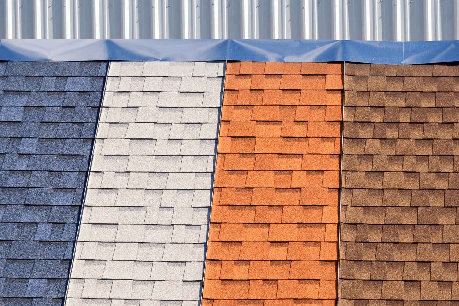 The image displays various colors of architectural shingles