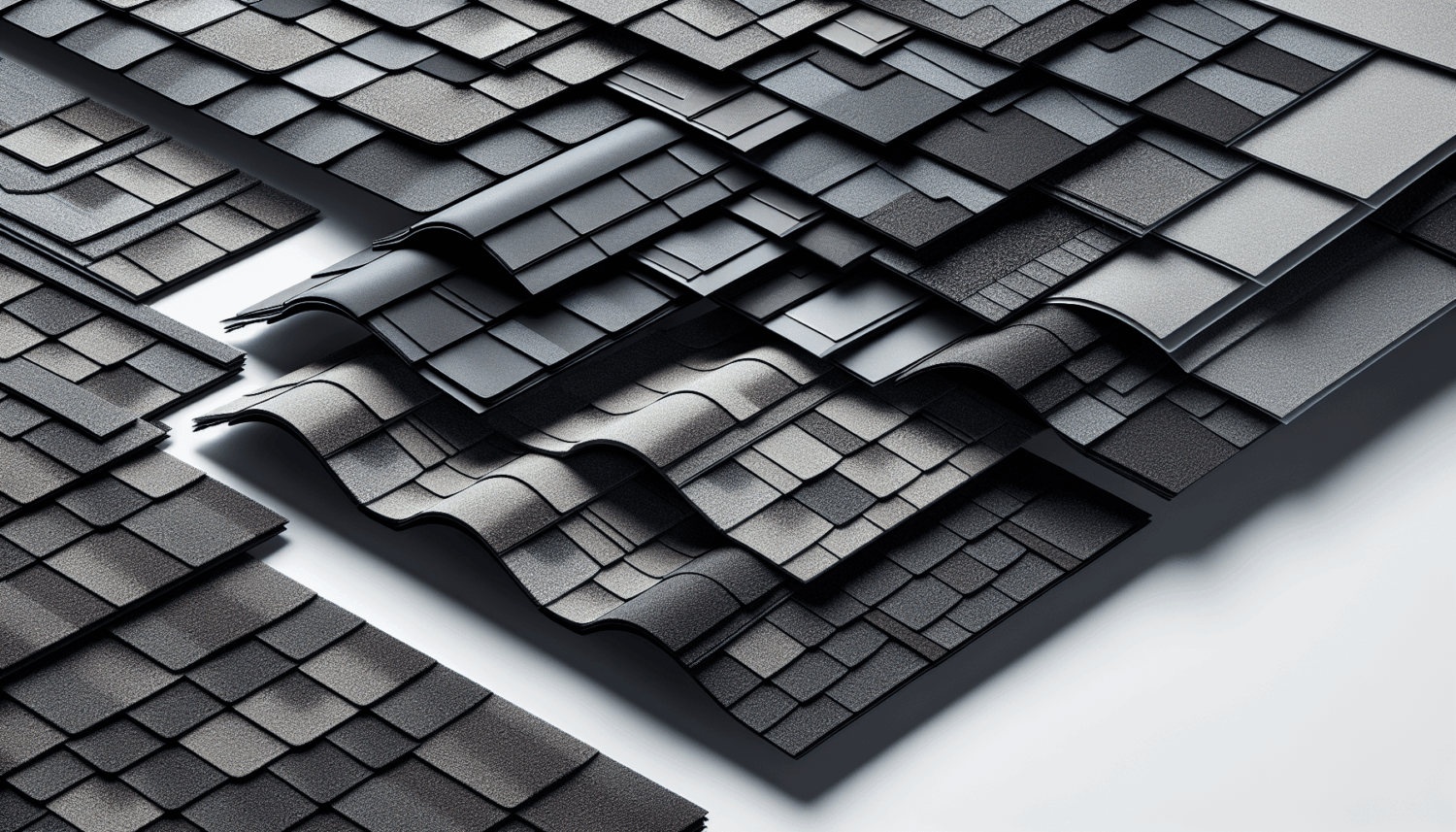 The image displays various types of asphalt shingles, a common roofing material, including 3-tab shingles and architectural shingles. 