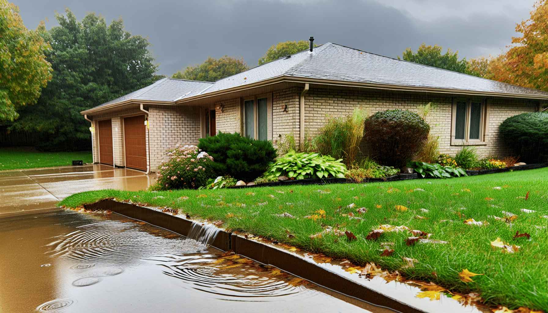 The image depicts a suburban house with a well-maintained lawn and landscaping