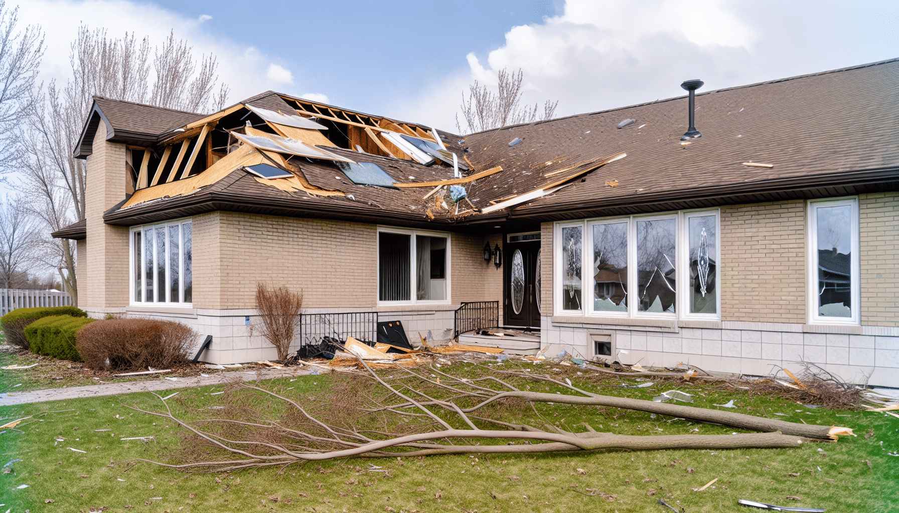 The image depicts the aftermath of a tornado, showing significant damage to a house and its surroundings. 