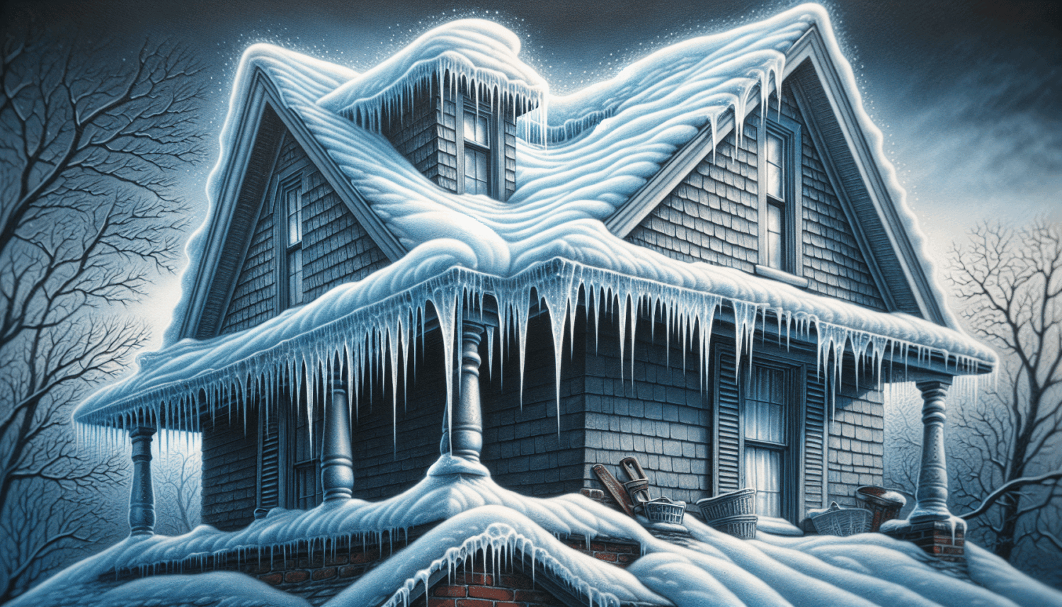 The image depicts a house heavily covered in snow and icicles