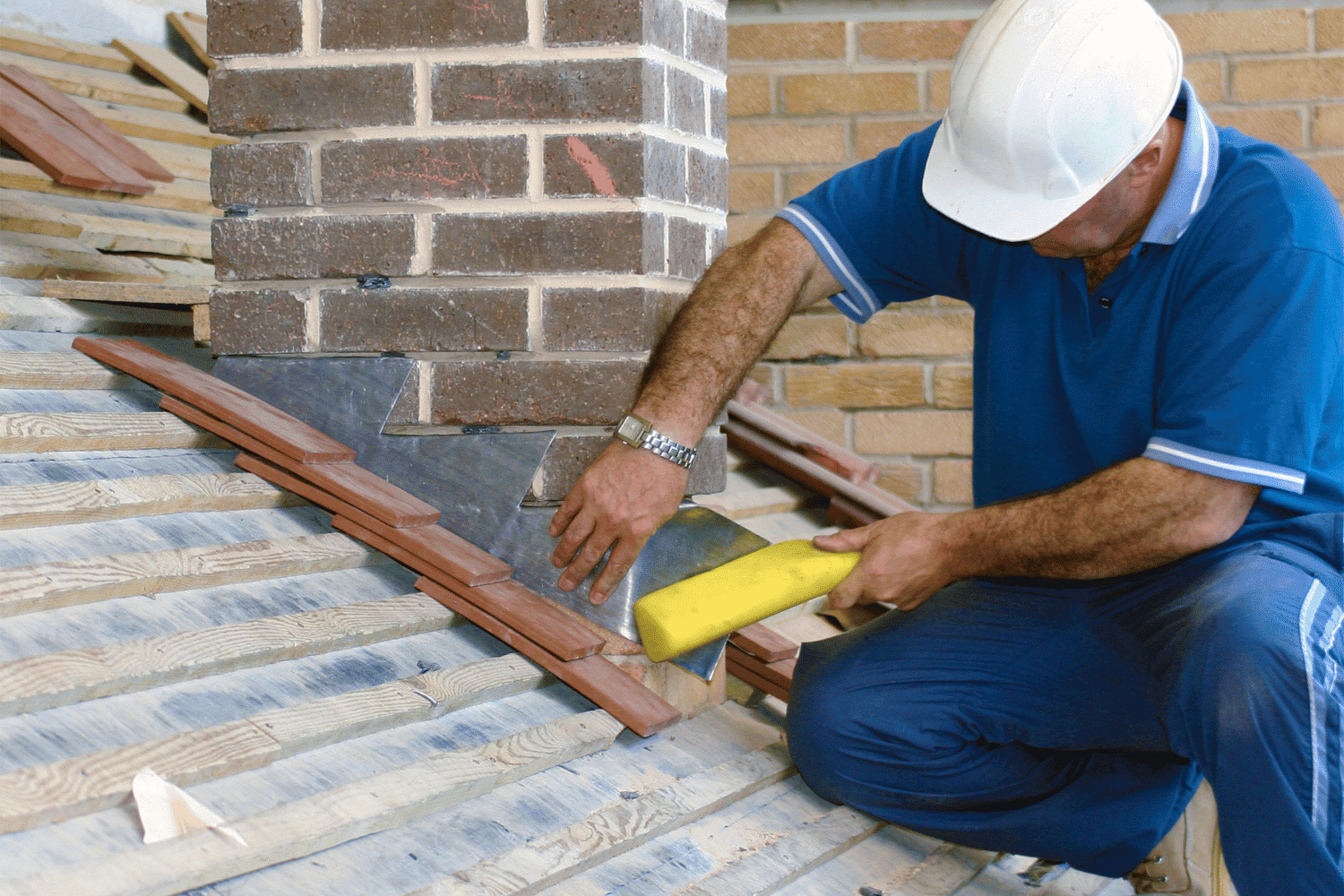 Illustration of a professional roofer inspecting and maintaining roof flashing