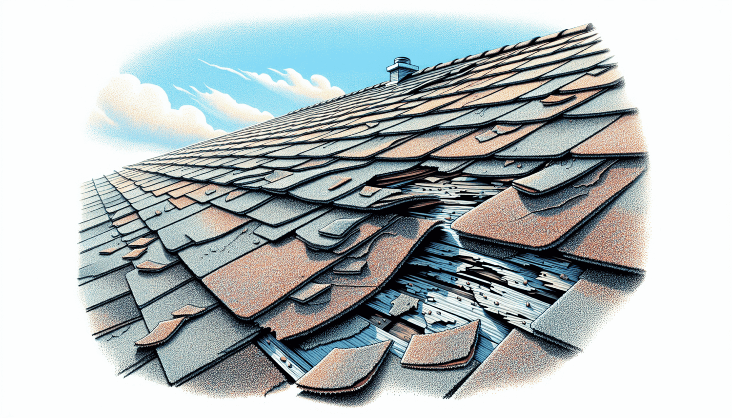 The image depicts a damaged roof with shingles