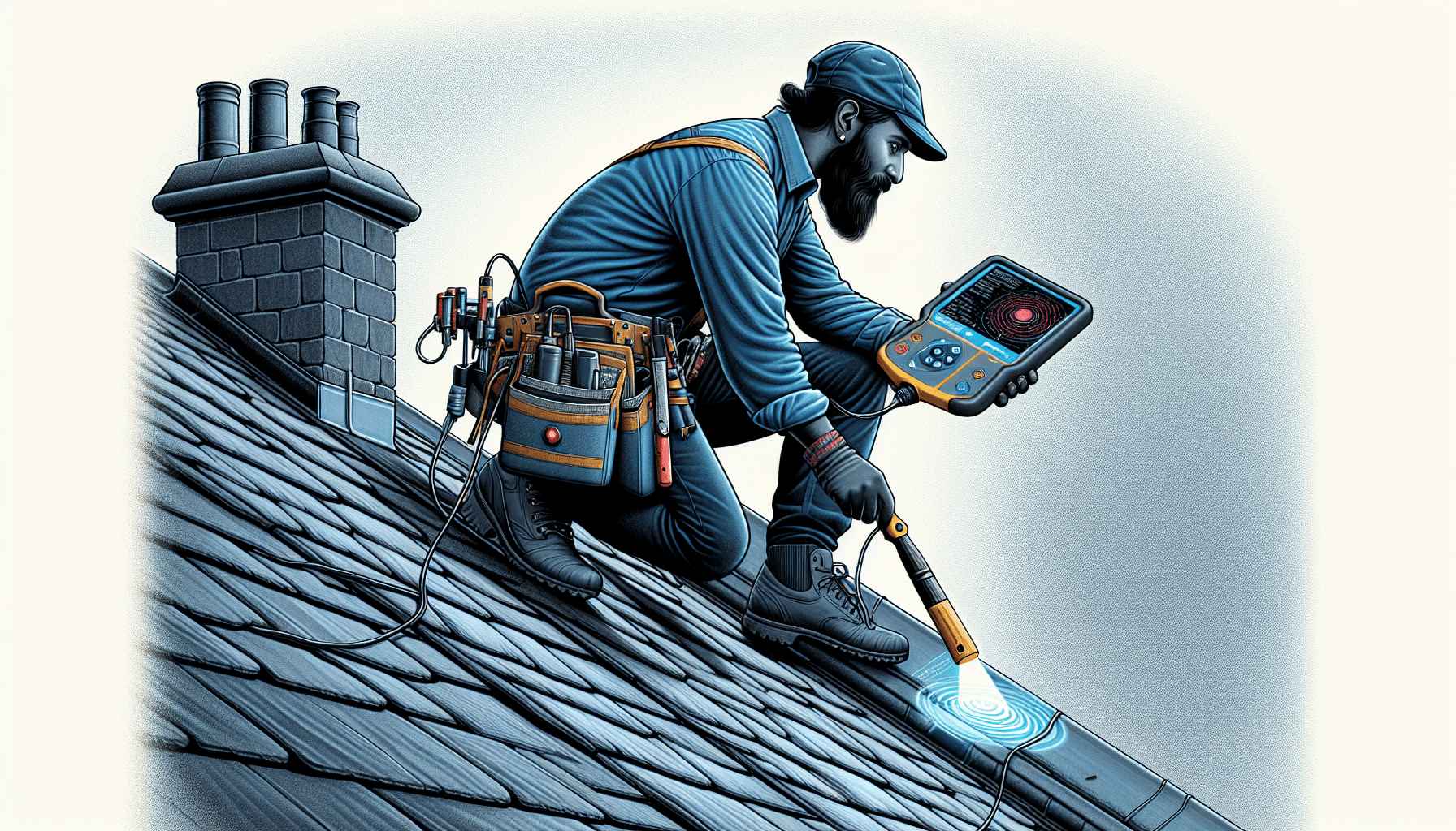 The image depicts a professional, likely a roofer or inspector, utilizing advanced equipment to assess or repair a roof.