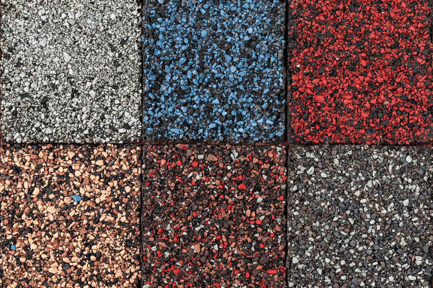 The image displays various colors and textures of asphalt shingles