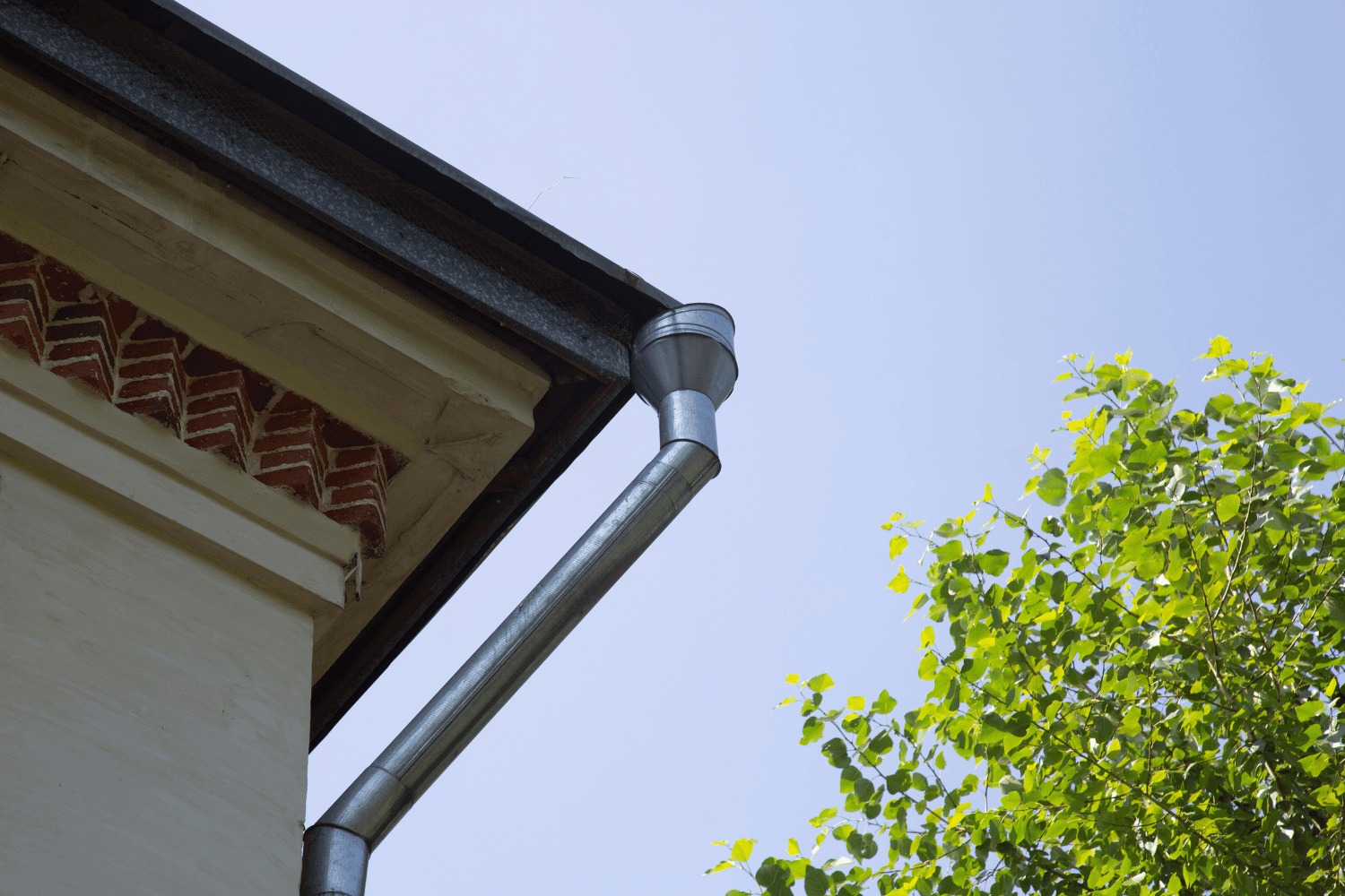 A professional inspecting a roof drainage system for maintenance. 