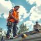 A professional roofing contractor inspecting a roof for moss and structural integrity.