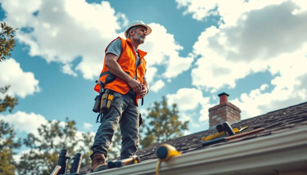 A professional roofing contractor inspecting a roof for moss and structural integrity.
