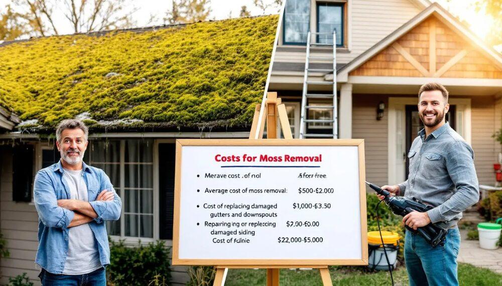 A professional roofing contractor inspecting a roof for moss and structural integrity.