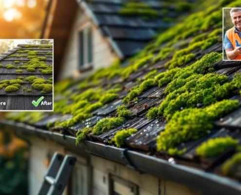 An image depicting a moss-covered roof showing the problems associated with moss growth in Michigan and Ohio.